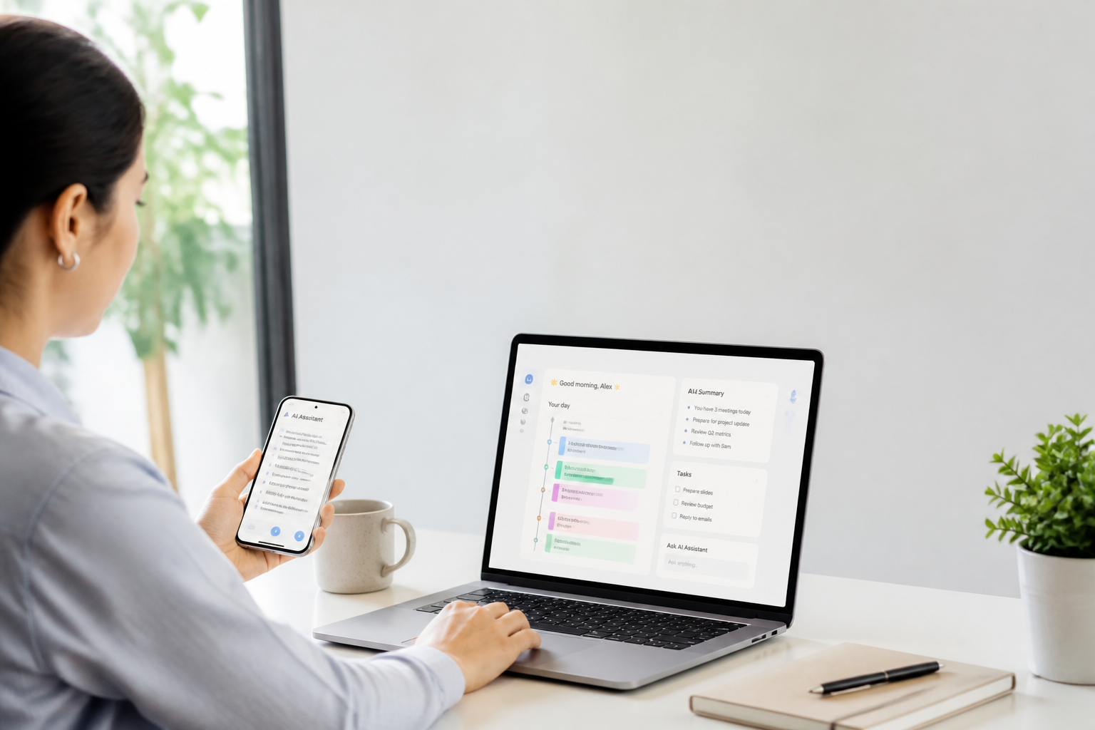 A clean modern workspace with a busy person using a laptop and phone, showing subtle AI productivity interfaces in a bright editorial style.