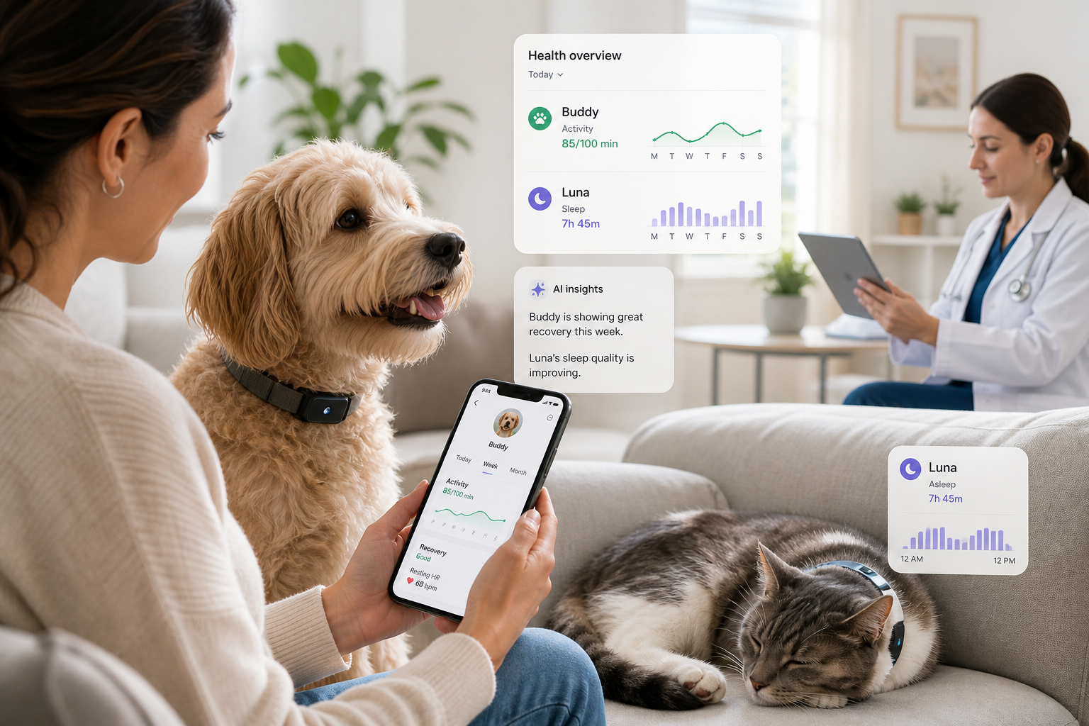 Pet owner checking AI health monitoring data on a phone, Dog wearing a smart collar for health tracking, Cat resting while a wearable tracks activity and sleep, Veterinarian reviewing pet monitoring trends on a tablet, AI pet health dashboard showing activity and recovery patterns
