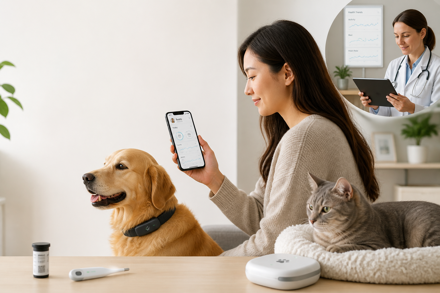 Pet owner checking at-home diagnostic data on a phone, Dog wearing a smart collar for health monitoring, Cat resting near a home health tracking device, Veterinarian reviewing pet diagnostic trends on a tablet, At-home pet diagnostic tools on a clean table