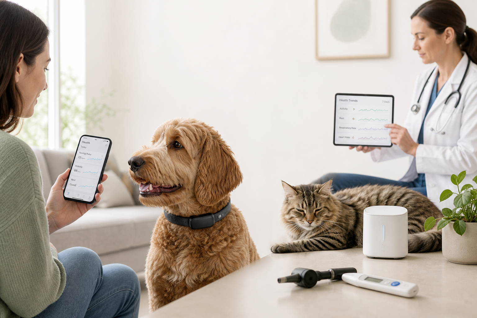 Pet owner checking health monitoring data on a phone, Dog wearing a smart collar for early illness detection, Cat resting near a home health tracking device, Veterinarian reviewing pet monitoring trends on a tablet, Pet diagnostic tools on a clean table