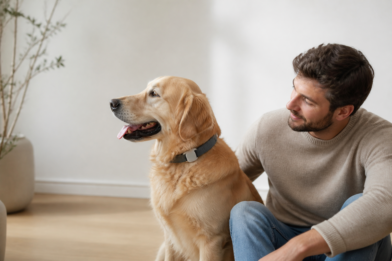 Person reviewing AI health ethics on a tablet, Pet owner checking smart collar data